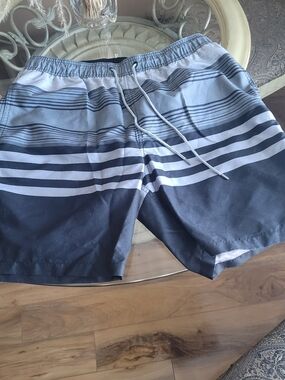 Kirkland Signature Black Grey And White Striped Swim Trunks Size Large